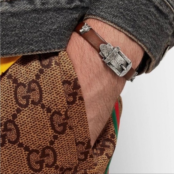 Gucci Forest Collection Leather Bracelet 925 Sterling Silver Size 17 Full Set - Picture 13 of 13